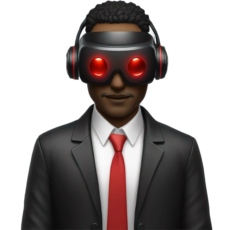 Cyberpunk man wearing black suit, red VR headset emoji