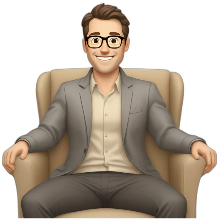 Joyful Celebrating victory Hands up Pale skinned Fit Man With dark brown hair in gray jacket, beige office shirt, Brown pants and vintage glasses sitting In a soft chair emoji