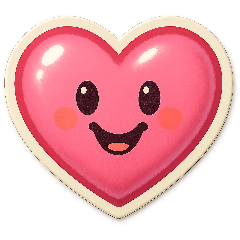 pink sticker, heart shape, cheerful expression emoji