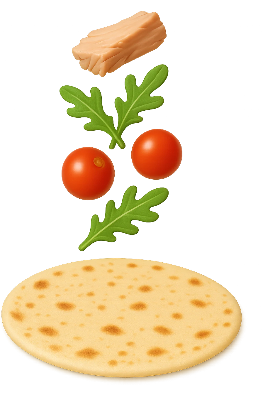 EMOJI STILE IPHONE DI con tonno, valeriana e pomodorini cadono verticalmente su una piadina, iperrealistica 4k emoji