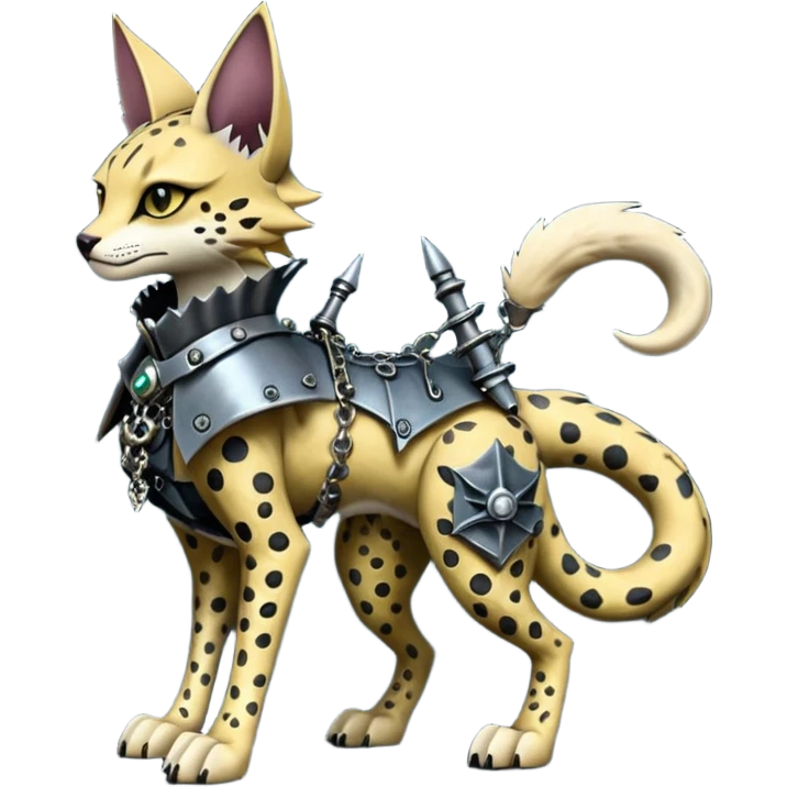 Epic complex detailed dark dusky gloomy deep gothic, realistic Fakémon-Sprigatito-Floragato-Meowscarada-Trico-Sergal-Serval-Vernid-creature (full body) with metal gears and metal knight collar emoji