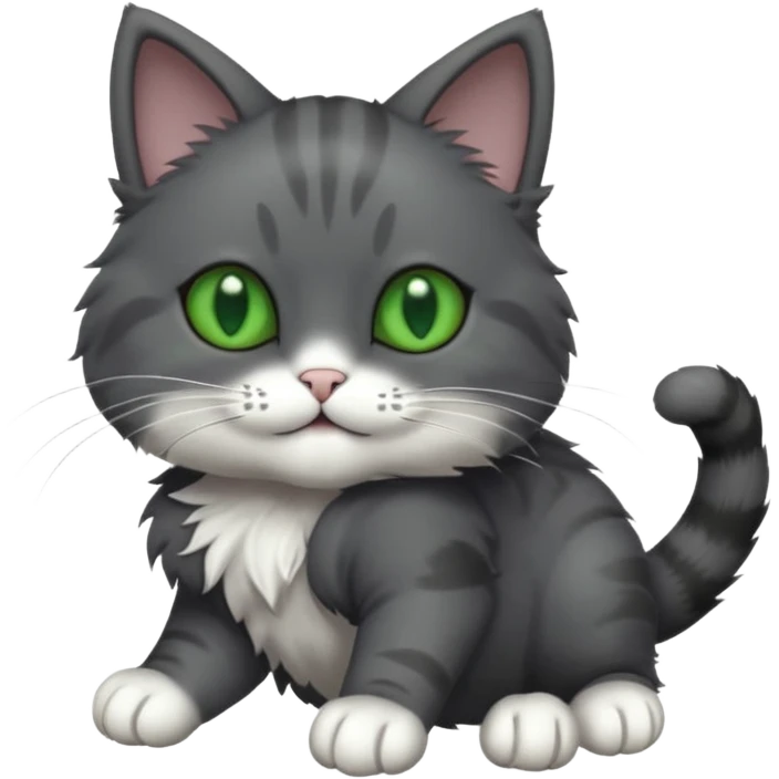 solid dark grey cat with green eyes, fully grey face, white toes/paws playfully rolling upside down emoji