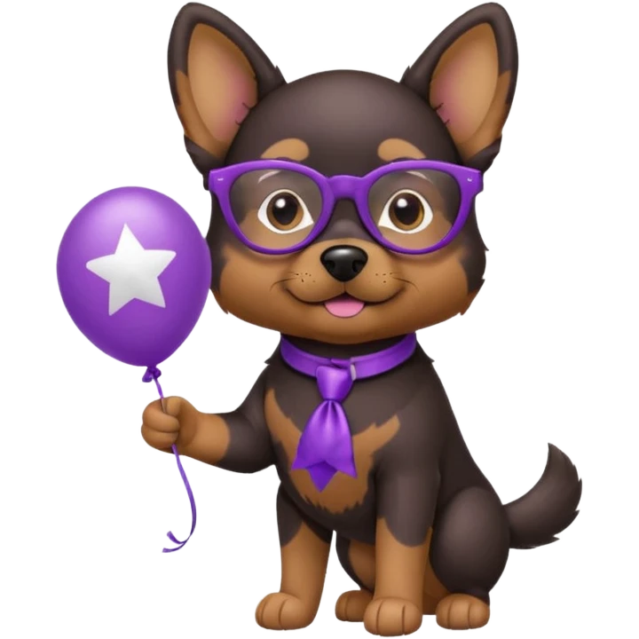 dog holding purple star balloon in hand with black glasses emoji