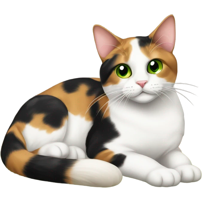 Green eyed calico cat lying on free carpet  emoji