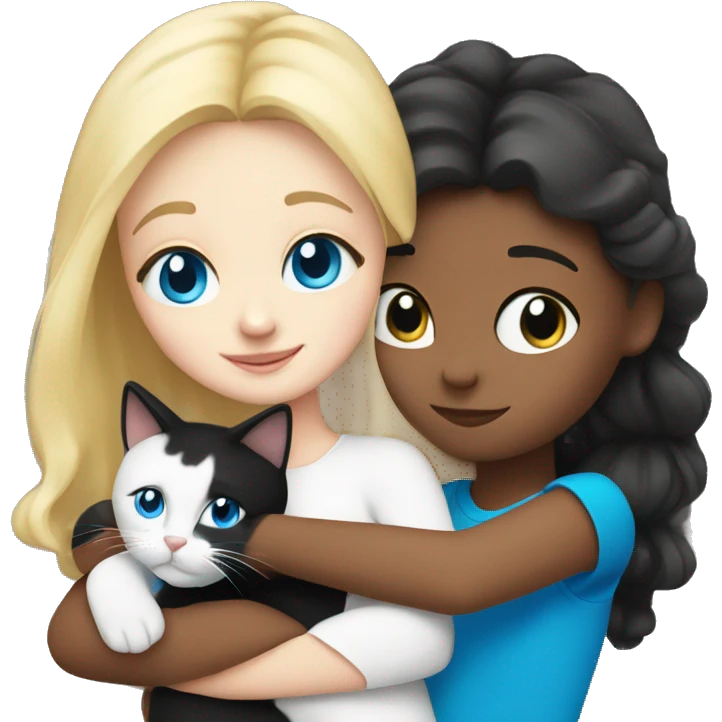 Blonde girl blue eyes hugging black and white cat emoji