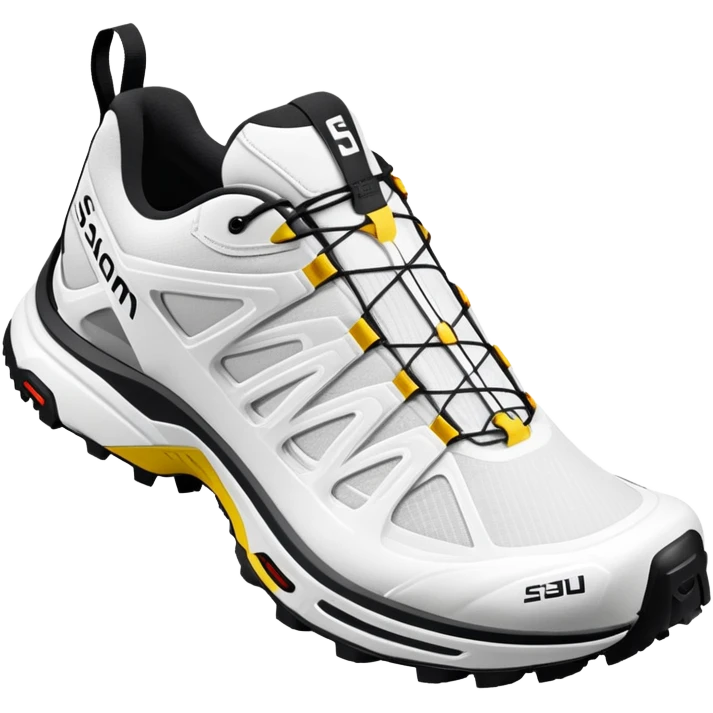 White Salomon XT-6 Gore-Tex trail running shoes, one positioned behind the other, simplified iOS emoji style, technical outdoor sneakers with trail sole, clean white colorway, minimalist design emoji