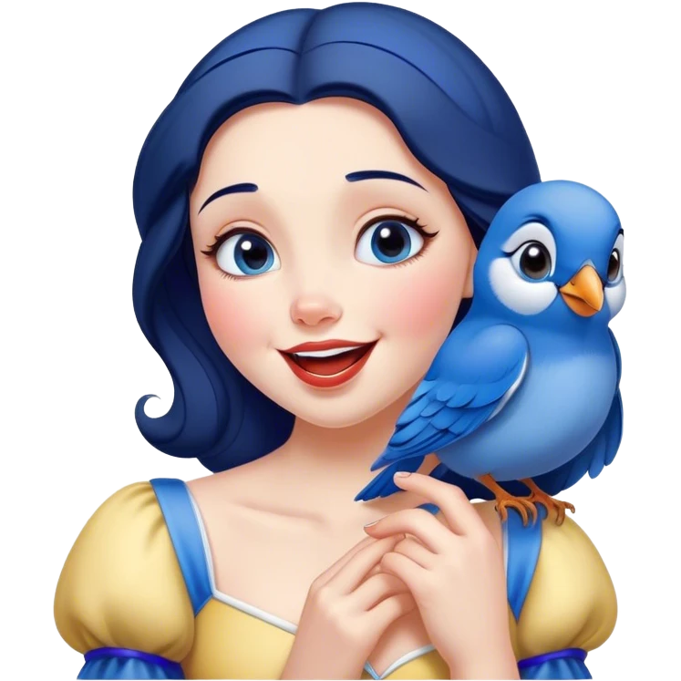 Cinematic Adorable Snow White Portrait Emoji, Giggling as a bluebird perches on her finger, cheeks rosy with joy, bright expressive eyes full of wonder, her innocence and beauty blending into a heartwarming moment! emoji