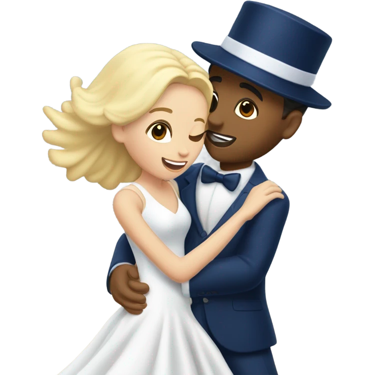Puerto rican beard short hair with blue hat and navy blue suit first dance with blond long hair girl with white  wedding dress  emoji