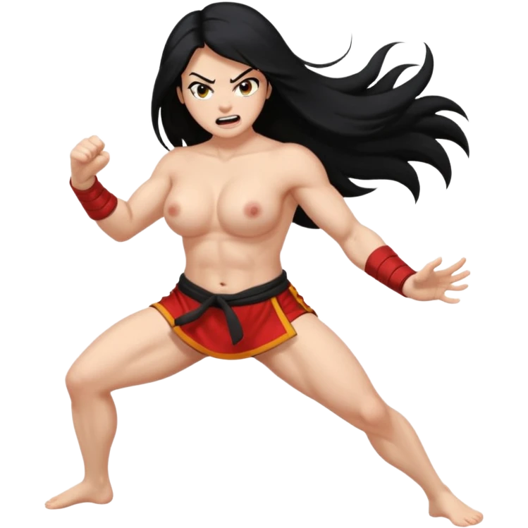 long black hair ((naked ))female big big boobs full body barefoot  ((black Thick pubic hair )) anger kung fu kicking Remove clothes emoji