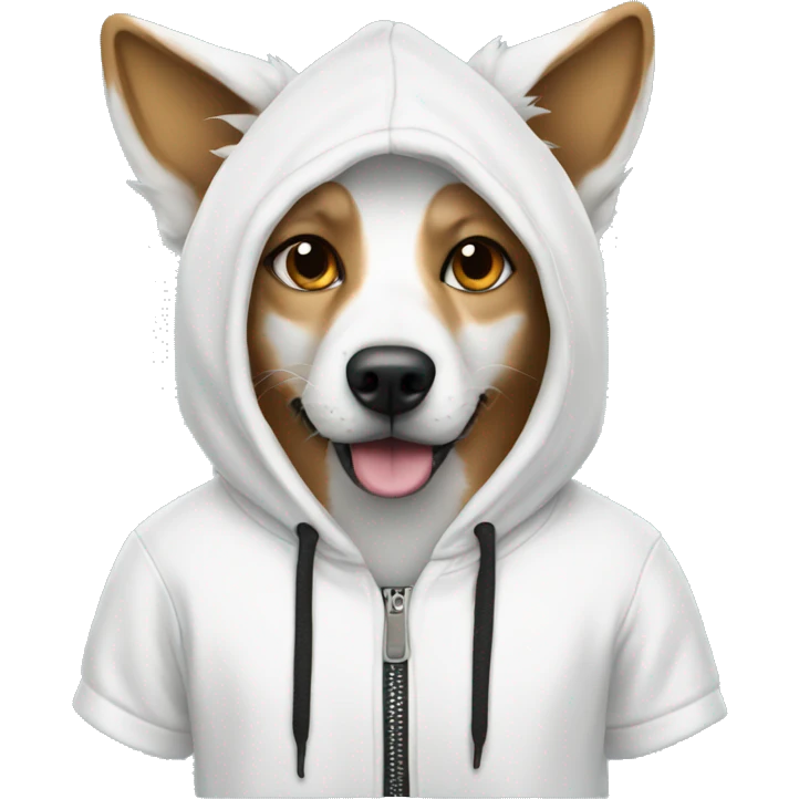 Dog wearing a white fox hoodie emoji