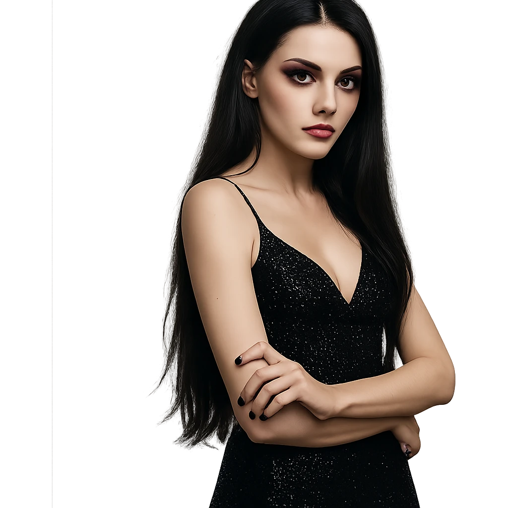 a girl with long black hair, shiny black night dress with glitter, purple makeup, dark red lipstick, edgy and mysterious, confident pose emoji