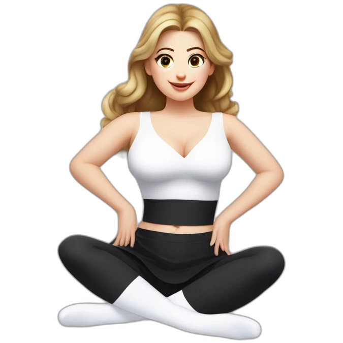 Front view curvy caucasian beauty sits on the floor straight hands up black skirt white stockings emoji