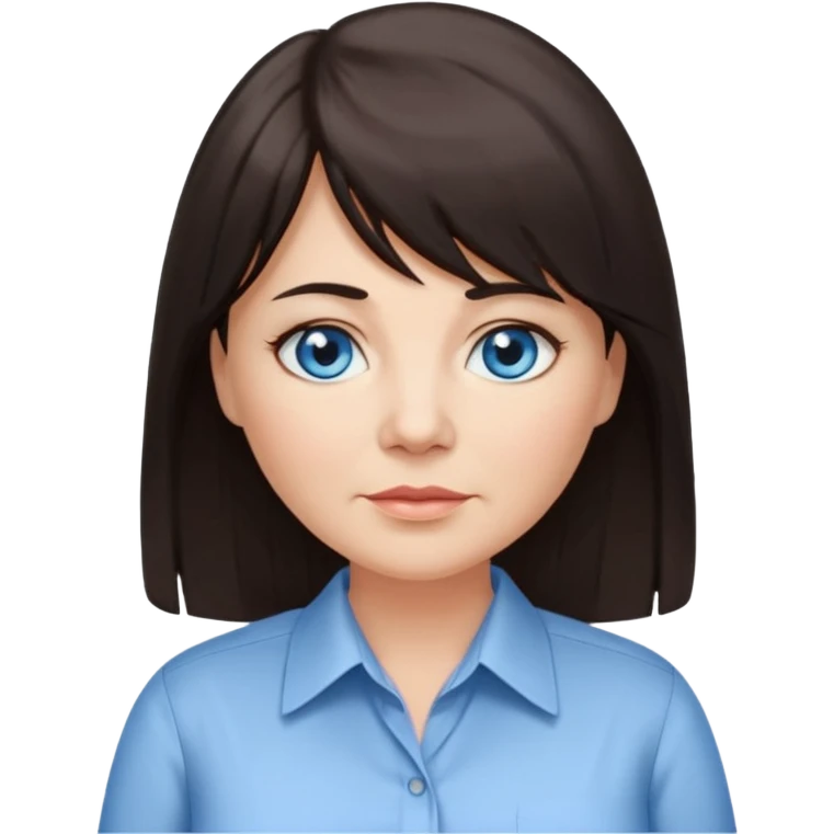 50 yr old woman, blue eyes, long straight dark brown hair, business shirt, chubby, bangs emoji
