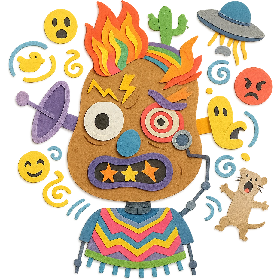 chaotic character with potato-shaped warped face, huge googly eye, tiny angry eye, glitching mouth, star teeth, big nostril, lightning and caterpillar eyebrows, satellite dish and sock puppet ears, half fire half rainbow hair with cactus wearing monocle, UFO dropping spaghetti, robotic body, neon poncho, floating emojis, swirling background of rubber ducks, runes, screaming ferret emoji