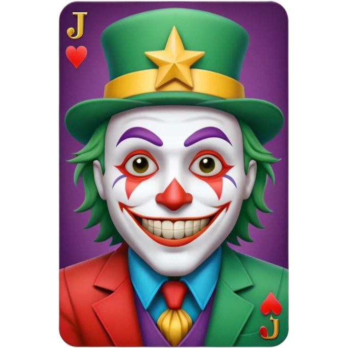 1 poker card, perfectly squared card, with crazy colorful human jolly joker inside, star symbol with a "J" emoji