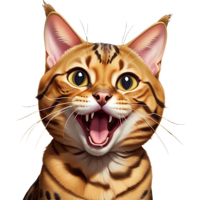 Cinematic Comical Bengal Cat Portrait Emoji, Head tilted dramatically while yawning exaggeratedly, sleek spotted brown and gold fur, Simplified yet hilariously adorable features, highly detailed, glowing with an almost sarcastic glow, high shine, a mix of lazy and curious, stylized with a touch of playful whimsy, bright and alert but with a comical expression, soft glowing outline, capturing the essence of a mischievous yet overly dramatic kitten, so meme-worthy it feels like it could leap off the screen and sarcastically demand attention, perfect for the internet's next viral meme! emoji