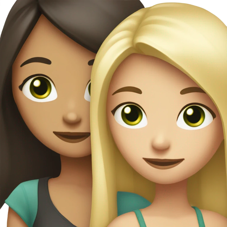 dark-eyed Brunette Girl hugs green-eyed blonde girl both are caucasian and have long hair  emoji