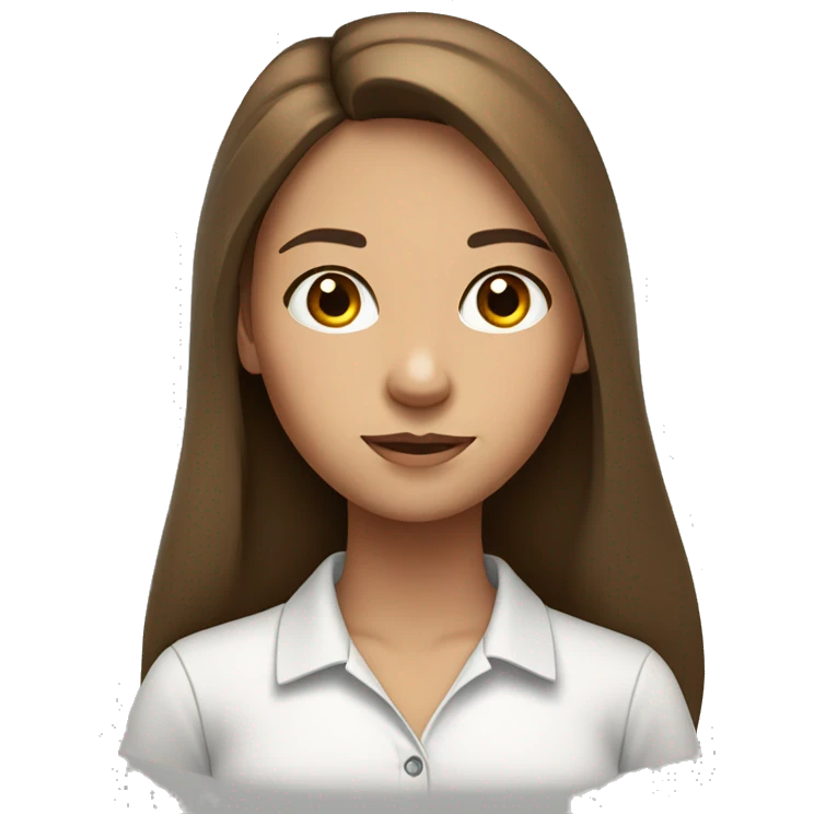 girl with long brown hair black eyes, round face, teacher, wearing white polo emoji
