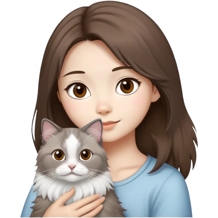 Asian girl brown hair girl with brown eyes with a grey and white seal fluffy ragdoll cat  emoji