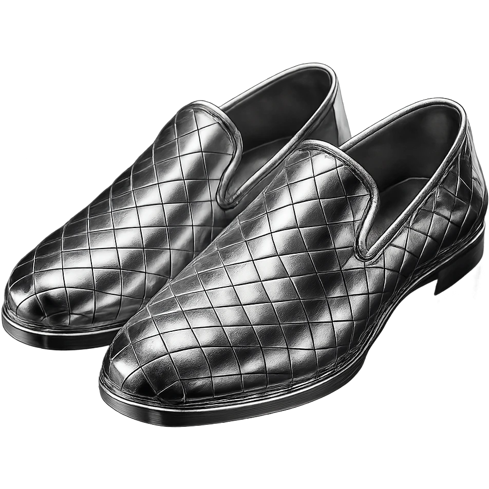 Bottega Veneta shoes in 3D chrome style, highly reflective metallic look, with signature woven texture, simple background emoji