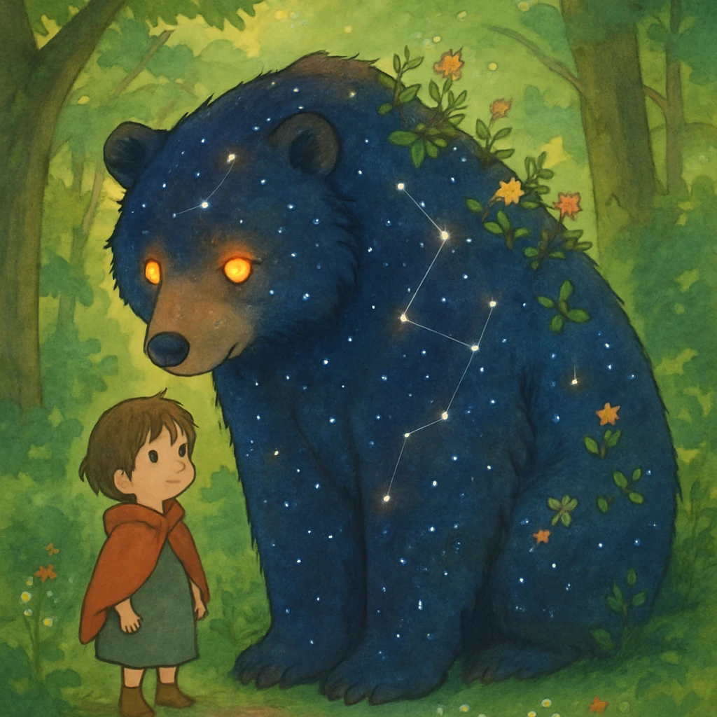 A protective bear spirit companion with stars and constellations visible in its fur, gentle eyes that glow like amber, small plants and flowers growing on its back, standing beside a young child in a forest emoji