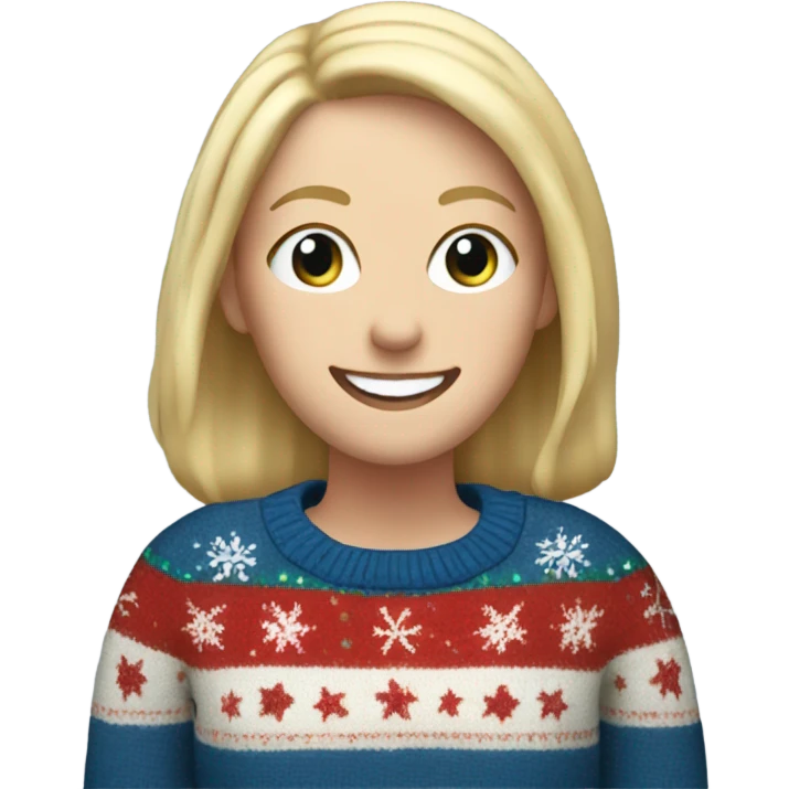 Happy white woman with blonde hair and christmas jumper and with blue jeans  emoji