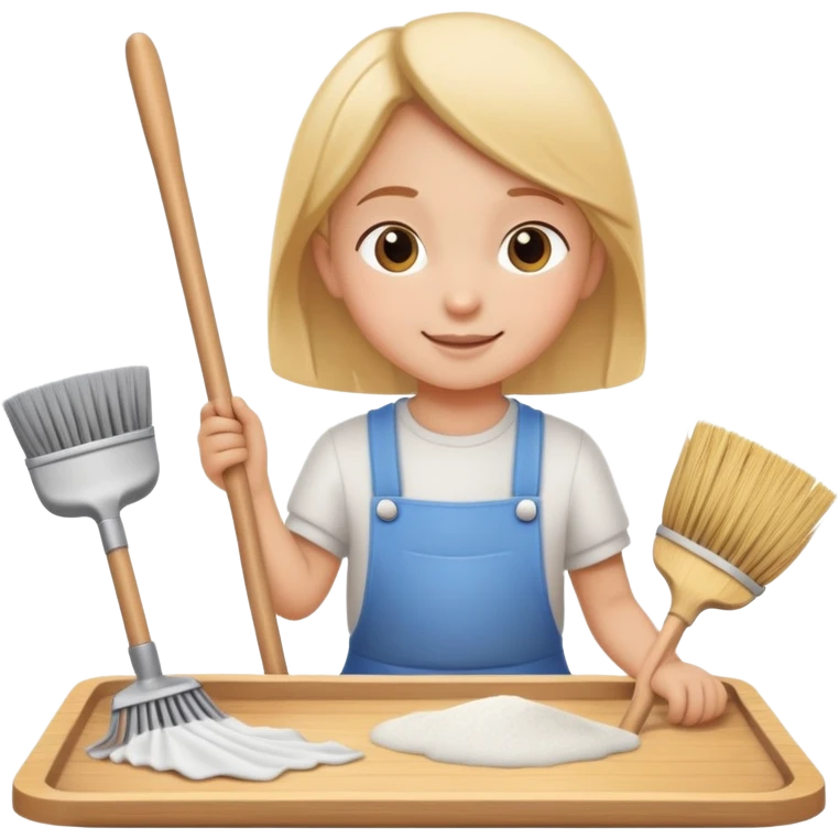 child helping parents with simple chores like sweeping or setting the table, cheerful and helpful emoji