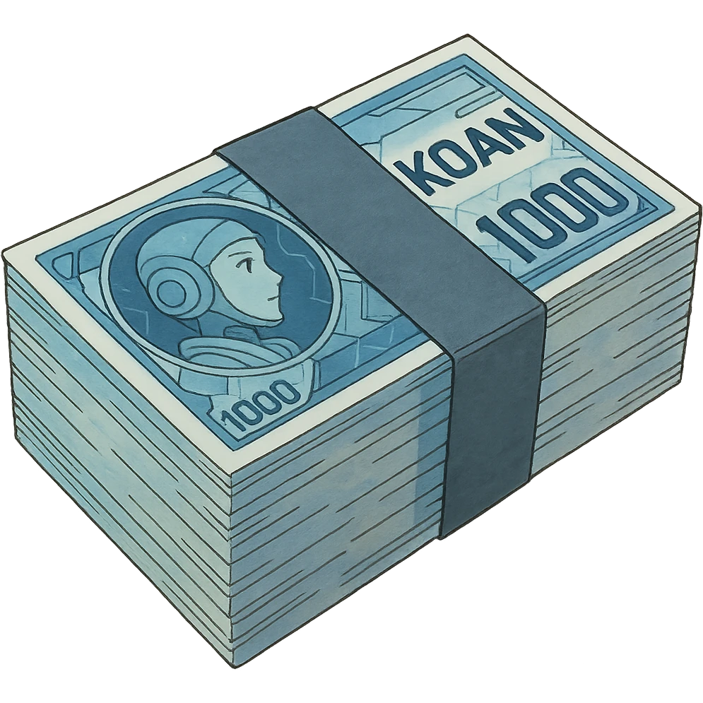 a neat bound stack of blue-and-white banknotes, koan bills , 90s futuristic, the band is dark gray emoji