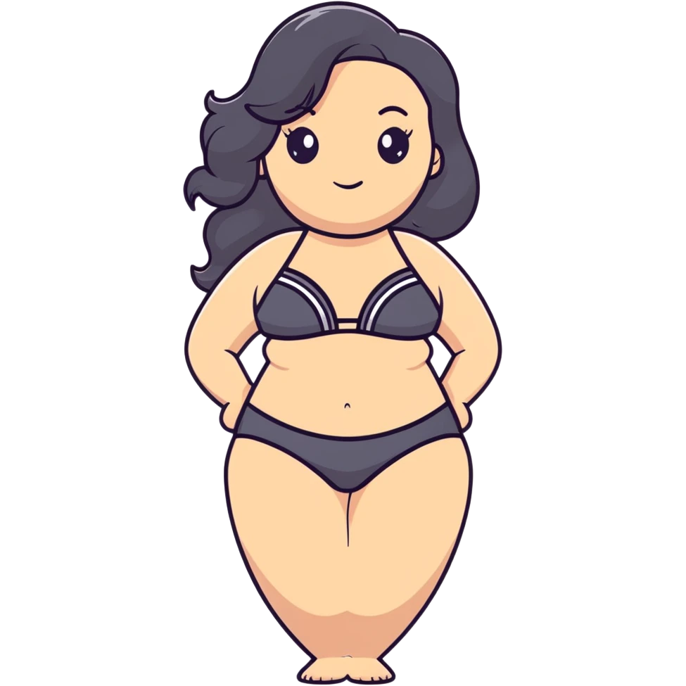beautiful curvy woman with fair skin, long wavy black hair, and gray eyes in swimwear emoji