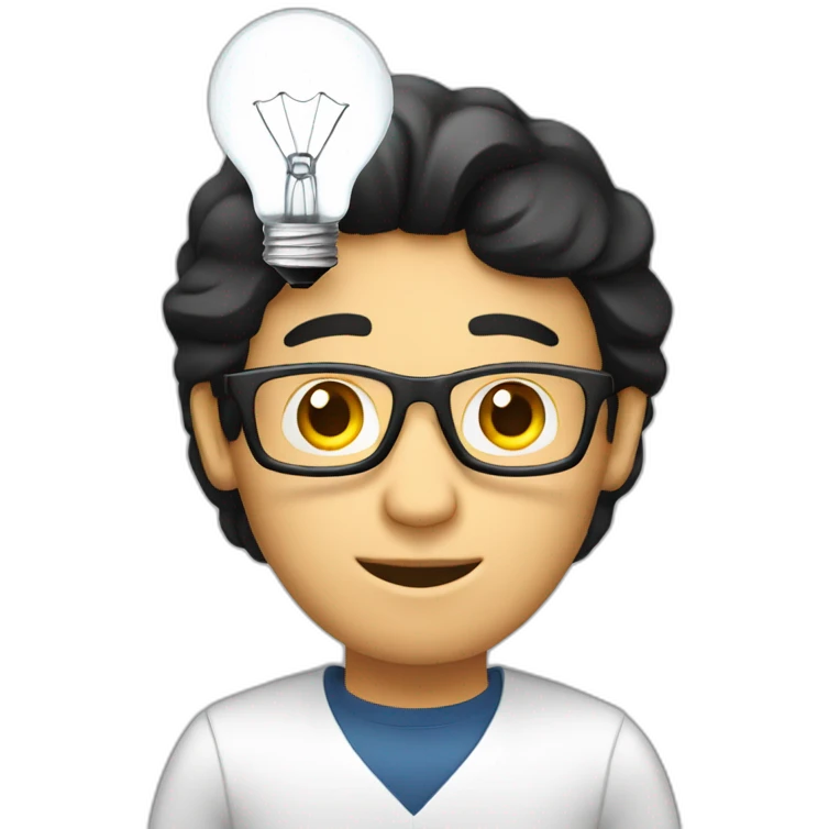 A white man with black hair working on a laptop with a lightbulb above his head emoji