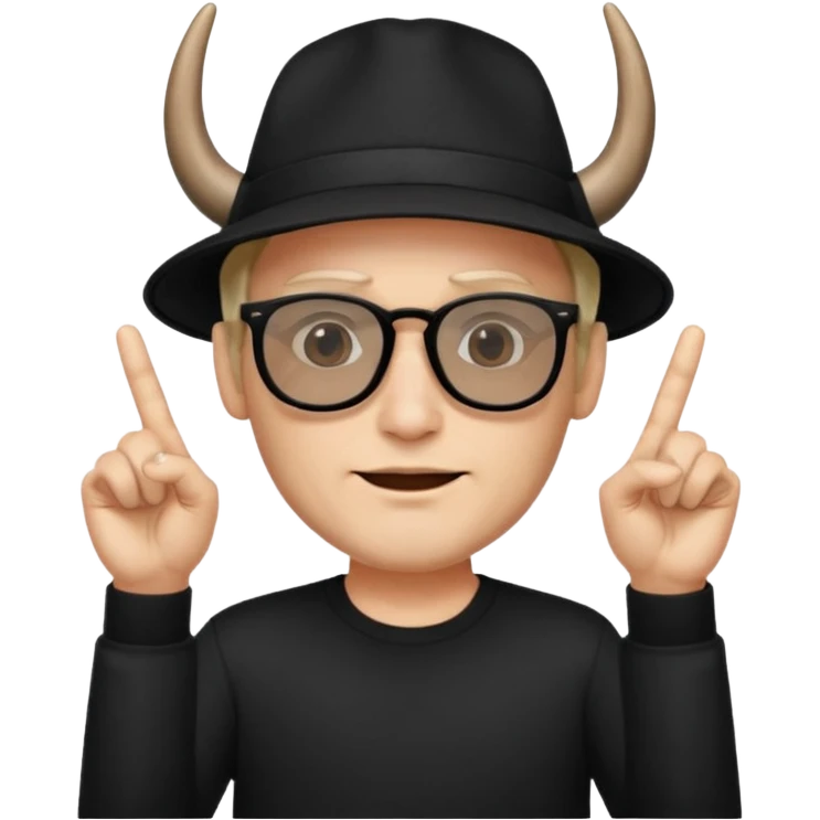 man dressed in black with dark glasses and a black hat making the horns gesture with both hands emoji