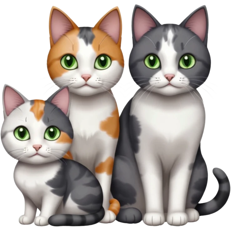 3 different coloured small cats including a dark grey and white, and a patchy calico with hazel eyes  and a completely solid dark grey with green eyes and only white paws emoji