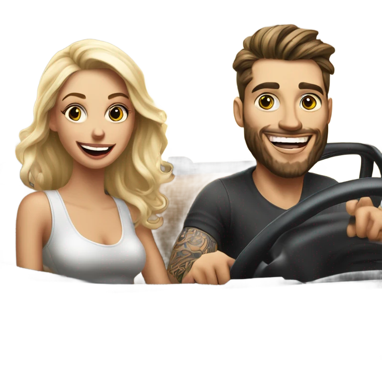 Hyper Realistic beautiful woman and a handsome tattooed man laughing while driving in a fancy car emoji