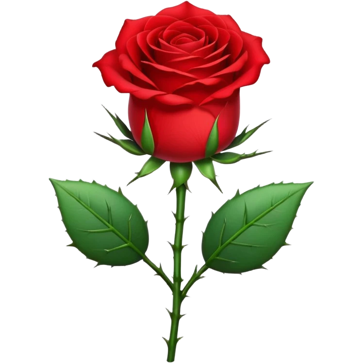 Generate a high-quality image of a single rose flower with stem and leaves, with very small and subtle thorns, realistic color and shading, smooth gradient colors, no human figures, no facial features, no brand markings, simple white background, high-resolution.

 emoji