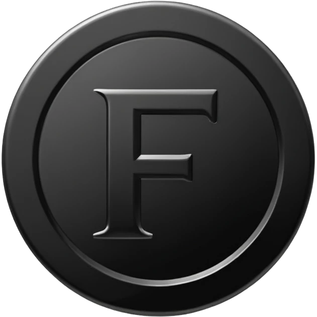 Emoji icon of a black coin with engraved letter F, minimalist style, isolated, only black color emoji