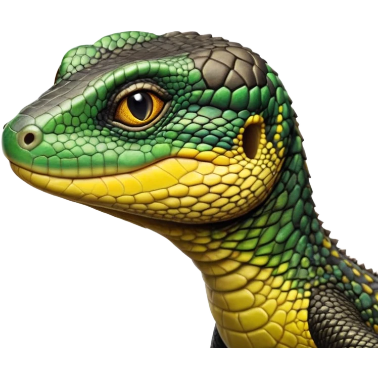 cinematic-realistic-cute-monitor-lizard-portrait-emoji,-head-tilted-playfully-and-inquisitively,-featuring-a-compact,-agile-body-with-finely-detailed,-glossy-scales-in-earthy-black and yellow-hues-and-a-distinct,-alert-face-with-bright,-curious-eyes, black , yellow spotted and green band  scales and a big long neck emoji