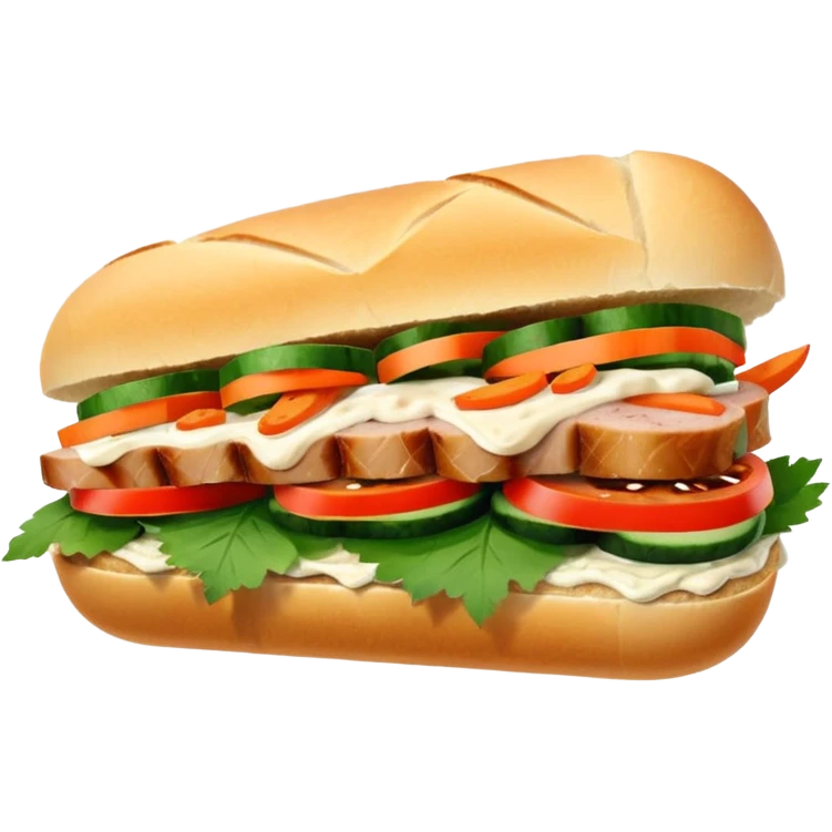 traditional banh mi with char grilled pork


    Very crusty baguette

    Mayo 

    Pickled carrot 

    Cucumber, coriander/cilantro, green onion, chilli 
 emoji