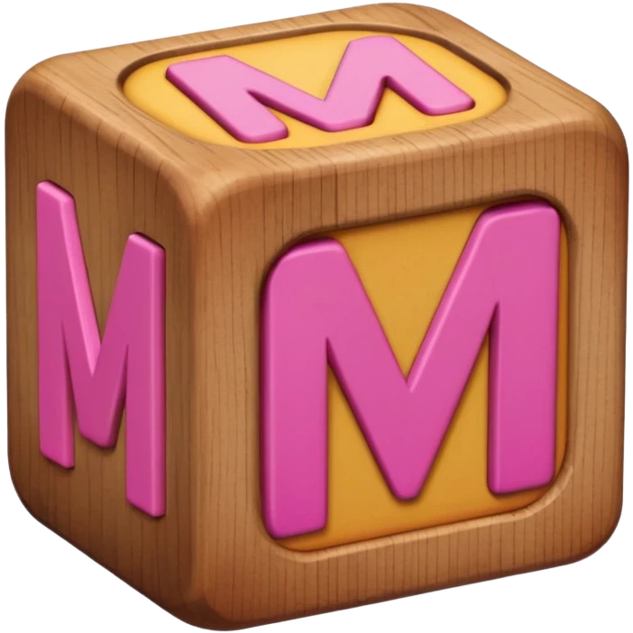A rounded toy block with the pink letter "M" on it emoji