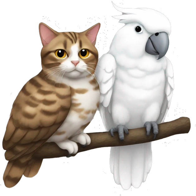 Brown tabby cat and large white cockatoo napping together. emoji