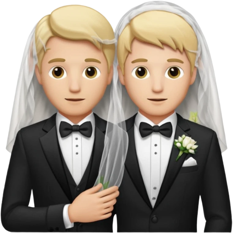 Two boys in tuxedos. One blond one brunette. One wearing wedding veil. Both men.  emoji