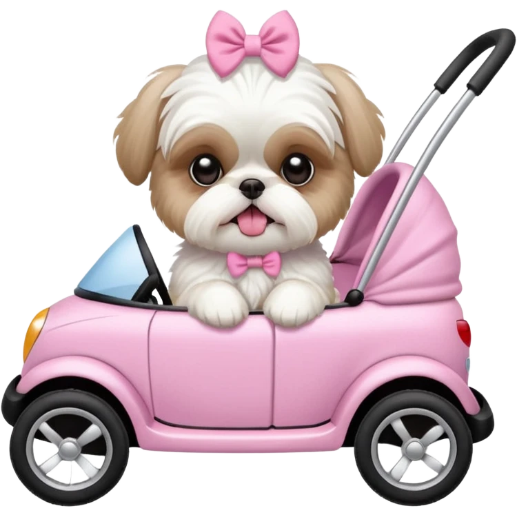 little all white shih tzu with pink bows & sweater tongue sticking out stting in white buggy emoji