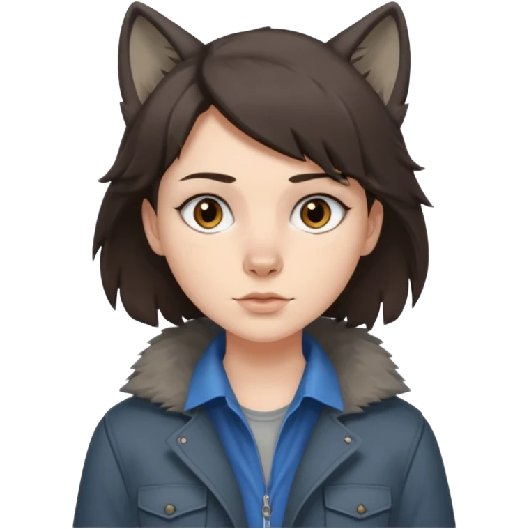 Hobo tomboy with dark brown hair in a wolf cut style, brown eyes, dirty dark grey coat, blue-grey shirt. emoji