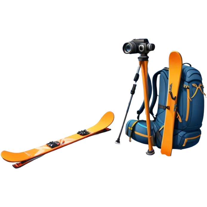  a snowy mountain peak in the landscape, with skis, a snowboard, an ice axe, a backpack and a camera. The icon should capture the adventure and exploration of mountain landscapes. Transparent background. emoji