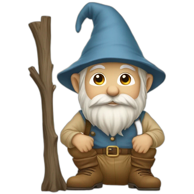 side view of gnome with light tan pants and light tan boots squatting in front of small brown log emoji