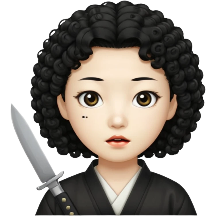Korean murderer white skin with Asian eyes and holding knife with black Korean perm hair emoji