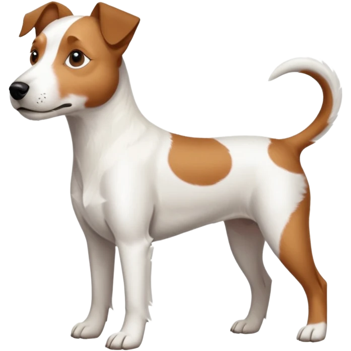 a full body large white parson russell terrier looking dog the size of a kelpie with light brown long ears and a light brown patch on one eye and a large snout emoji