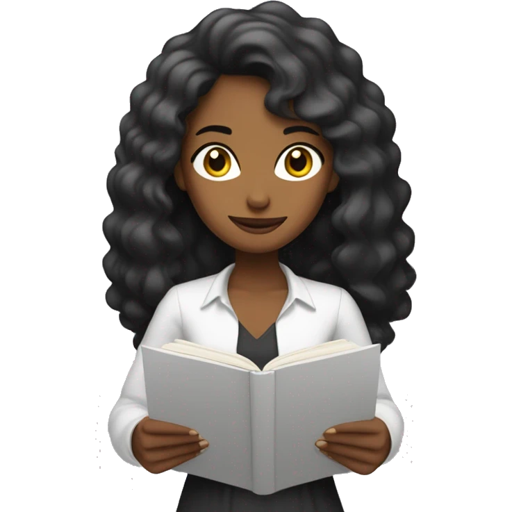 Chica blanca, pelo negro leyendo emoji