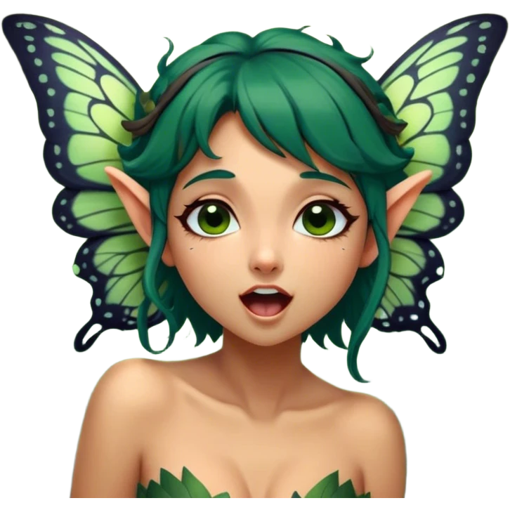 Cinematic Realistic Forest Nymph Fairy Portrait, head tilted slightly with a dramatic, wide-open yawn, revealing a tender, relaxed visage with finely detailed tanned skin and flowing, vine-adorned dark green hair gently framing her face. Her sleepy eyes exude a serene, dreamlike quality as soft natural sunlight filters through the canopy, showing her large butterfly wings from her back capturing the essence of a drowsy yet captivating forest nymph drifting into peaceful slumber. emoji