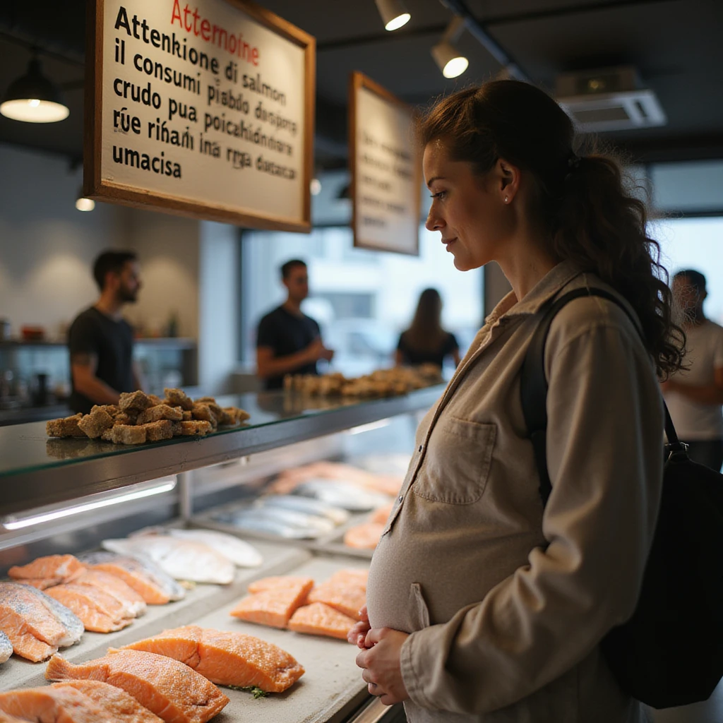 realistic pregnant woman in 4K observing the fish counter, the informational sign with the text: “Attenzione, il consumo di salmone crudo può comportare rischi in gravidanza” is in the foreground. emoji