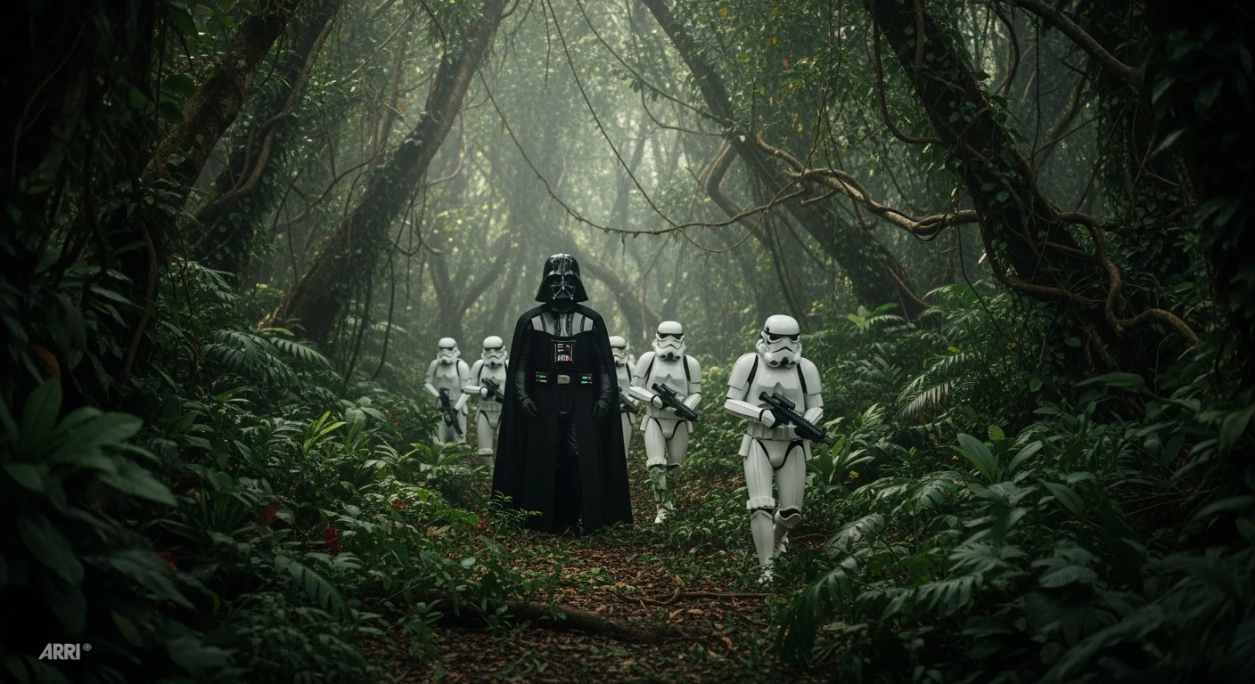 cinematic still, amazon jungle, well lit scene, Darth Vader around stormtroopers is exploring the jungle, captured by arri alexa emoji